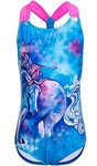 DUSISHIDAN 1-Piece Swimsuits for Girls, Blue Horse Printed Bathing Suit Swimming Costume for Girls SPF 50+ Age 10-12Y