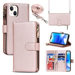 Cavor for iphone 14 Plus Wallet Case with Card Holder and Crossbody Lanyard,PU Leather Magnetic Closure Zipper Pocket Case Kickstand Card Holder Slots TPU Shockproof Flip Cover,Rose gold