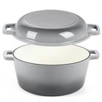 Gray Enameled Cast Iron Dutch Oven for Bread Baking, P&P CHEF 5Qt 2-in-1 Round Dutch Oven Pot with Lid Set, Skillet & Pot for Roasting Baking Braising Frying Simmering, Multi Stoves & Oven Safe