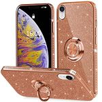 Thomo Compatible with iPhone XR Glitter Case 6.1 Inch, Slim Shockproof Cute Diamond Phone Case with Ring Holder Bling iPhone XR Case for Women Girls-Light Brown