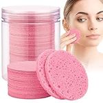 Noverlife 100PCS Round Compressed Facial Sponges Natural Face Sponge with Storage Container, Reusable Exfoliating Facial Cleansing Pad, Cosmetic Spa Sponge Portable Makeup Remover Pad for Travel, Pink