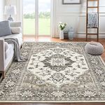 Area Rug Living Room Rugs: 5x7 Large Machine Washable Boho Carpet Vintage Medallion Floral Indoor Non Slip Decor Carpets for Under Dining Table Bedroom Farmhouse Nursery Home Office Beige Brown