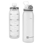 Teentumn Water Bottle BPA Free Tritan with Time Markers, 30oz Large Durable Gym Plastic Bottle for Fitness, Outdoor Enthusiasts, Leakproof White