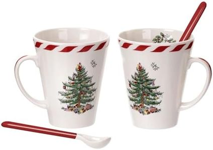 Spode Christmas Tree Peppermint 14oz Mug & Spoon Set (4-Piece) - Festive Earthenware with Candy Cane Motif, Ceramic Mug for Hot Chocolate, Coffee, Holiday Mornings - Christmas Drinkware
