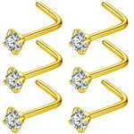 BLESSMYLOVE 6pcs 18g 2.5mm Clear CZ 316L Surgical Steel Gold Nose Rings Studs L-Shape Nose Nostrial Piercing Body Jewerly L Shaped Nose Studs for Women 18 gauge 2.5mm Cubic Zirconia Stainless Steel Nose Rings