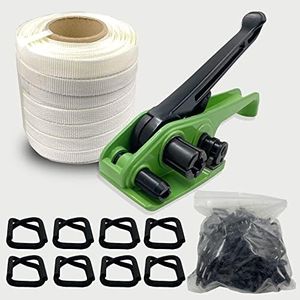 NVOYAJUAN Banding Strapping Kit with 3/4" x 330 ft Woven Cord Band 50 pcs Phosphate Wire Buckles Tensioner Tool for Pallet Box Packaging