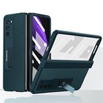 Miimall Compatible with Samsung Galaxy Z Fold 2 Case with Hinge Protection, Luxury Leather + Hard PC with Hidden Kickstand + Glass Screen Protector Film Full-Body Protective Phone Case for Galaxy Z Fold 2 5G (Green)