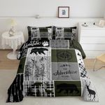 Rustic Farmhouse Comforter Set Full, Hunting Bear Deer Bedding Cabin Lodge Decor, Vintage Wooden Board Retro Quilt Buffalo Plaid Western Country Bedding Comforter Sets For Kids Teens, Grey Black