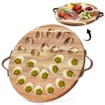 Hiceeden Acacia Wood Deviled Egg Platter with Handles, 24 Holes Round Deviled Egg Tray Container, Reversible Charcuterie Board Egg Plate Serving Tray for Countertop