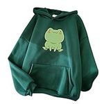 Akklian Women's Pullover Hoodie Cute Frog Print Winter Coat Drawstring Loose Fit Hooded Sweatshirt for Teen Girls with Pocket, Army Green, Medium