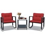 Tangkula 3 PCS Wicker Rocking Bistro Set, Outdoor Rocking Chair Furniture Set w/Cushioned Seat, Conversation Set w/Glass Coffee Table and Storage Shelf (Red)