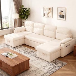 Tbfit 108'' Pull Out Sofa, Cloud Sleeper Sofa Bed with USB & 2 Storage Chaises, Comfy Oersized U Shaped Convertible Sectional Sleeper Couches for Living Room, Apartment, Office, Beige