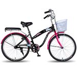 Vaux Angel 24T Women Bicycle for Age Group 10+ Years with Basket & Cushion Backseat, Light Weight Ladies Cycle with Alloy Rims & Ralson Tyres,Ideal for Height 4ft+ (Black)
