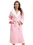 ROSYLINE Womens Robes Kimono Fleece Hooded Bathrobe Plush Long Warm Robe Pink M