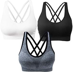 AKAMC 3 Pack Women's Medium Support Cross Back Wirefree Removable Cups Yoga Sport Bra, Black/White/Grey, Medium