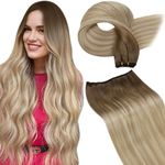 LAAVOO Sew in Hair Extensions Real Human Hair 14Inch Ombre Brown Fading to Ash Blonde Mix Platinum Blonde Weft Extensions Remy Hair 80 Grams Straight Bundles