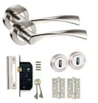 Golden Grace Twist Astrid Style Modern Chrome Lock Door Handles on Rose with Duo Finish Door Lever Latch Pack with Ball Bearing Hinges and 64mm Mortise Lock and 2 Keys (Lock Set)