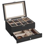 SONGMICS Watch Box with 8 Slots, 2-Tier Wood Watch Case with Large Glass Lid, Watch Pillows, Velvet Lining, Jewellery Box, Gift for Loved Ones, Ebony Black JOW008B01