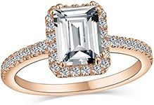 Timeless Classic Elegant Halo AAA CZ Art Deco Style Clear Rectangle Emerald Cut Engagement Ring For Women Cubic Zirconia Pave Thin 1 MM Band .925 Sterling Silver Rose Gold Plated