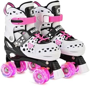 SULIFEEL Adjustable Roller Skates for Girls Ages 5-8 6-12 with Polka Dots & Bow, Light Up Wheels, 4 Sizes Adjustable for Beginner Kids Skates Indoor Outdoor Sports