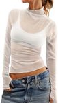 OFEEFAN Sheer Tops for Women Mesh Undershirts Elegant Mock Neck Blouses for Party White Dots M