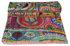 YUVANCRAFTS Indian Traditional Patch Work Kantha Quilt Multi Color Handmade Pure Cotton Kantha Quilt Blanket Bedspreads Throw (Twin Size)