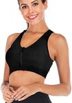 FLORATA Women's Zip Front Sports Bra Wireless Post-Surgery Bra Racerback Yoga Bras, Black, Medium