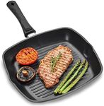 Andrew James Griddle Pan for All Hobs Incl Induction, Gas BBQs, Fire Pits & Camping Stoves, Oven-Proof Non-Stick Aluminium Pan with Removable Handle, Delicious Chargrilled Meat Chicken Fish & Veg