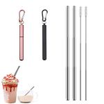 2 Pack Stainless Steel Telescopic Straw Collapsible Straw Reusable Portable Drinking Straws with Aluminum Key-Ring Case Cleaning Brush for Travel Home Work