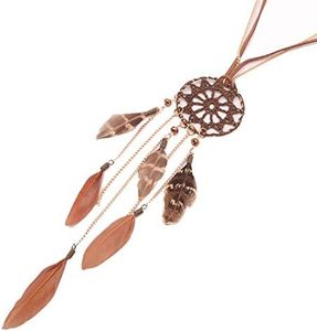 Beyond Dreams® Chaîne Dreamcatcher | Collier Attrape-Rêves pour Femmes | Long Collier en Cuir Doré | Maron Pendentif Plume Perles | Cadeau Dames Amis