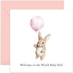 Old English Co. New Baby Girl Card for New Parents - Pink Balloon Baby Rabbit Design - 'Welcome to The World' Cute Congratulations Baby Birth Card for Mummy Daddy | Blank Inside with Envelope