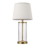 GLOBE Electric 61000063 20" Fillable Ribbed Glass Table Lamp, Matte Brass Accents, Beige Linen Shade, On/Off Rotary Switch on Socket, for Living Room, Bedroom, Office, Home Décor