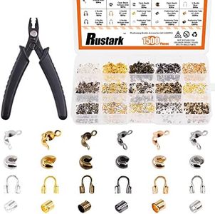 Rustark 1501Pcs Crimp Beads Covers with Bead Crimping Pliers Tool Assortment Kit Brass Crimp Beads Tips Knot Covers Wire Guardians Fold Over Clamshell Crimp Beads Tubes for Jewelry Making DIY Crafts