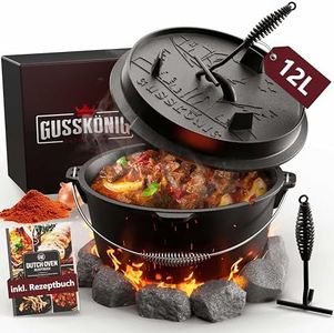 GUSSKÖNIG Dutch Oven Set [12L] - Eingebrannter Feuertopf mit praktischem Deckelheber und Füßen