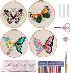 Embroidery Kit for Beginners, 4 Sets Butterfly Embroidery Starter Kits with Patterns and Instructions Cross Stitch Kits,Embroidery Clothes with Pattern,Bamboo Hoops, Threads and Needles