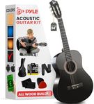 Pyle Beginner Acoustic Guitar Kit, 1/2 Junior Size All Wood Instrument for Kids, Adults, 34" Black Matte