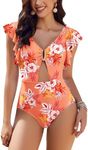 AI'MAGE Womens One Piece Swimsuit Tummy Control Cutout Ruffle Bathing Suits 2024 Swimming Suit, Orange Floral Print L