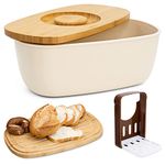 Triiter Bread Box With Bamboo Wood Cutting Board Lid & Bread Slicer Holder, Oval Cream Color Bread Container For Kitchen Countertop, 13.8 x 7.9 x 5.7in, Bread Storage Container