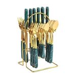 MERISH Spoon Fork & Knife Set - Cutlery Set with Stand - Gold Plated | Stainless Steel - 24 Pcs (Green)