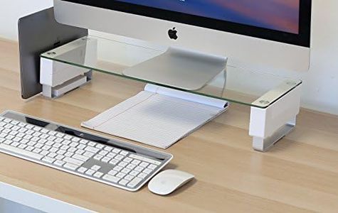 Mount-It! Glass Monitor Stand with Vertical Laptop Holder | Computer Desktop Riser, Clear Tempered Glass Brushed Aluminum Legs, Fits 24, 27, 30, 32 Inch Screens, 66 Lbs Capacity