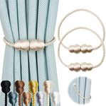 Hangtty Magnetic Curtain Tiebacks 2 Pack Rope Decorative Curtain Tie Backs Elegant Curtain Holders for Drapes Outdoor Window Treatment Holdbacks, Beige