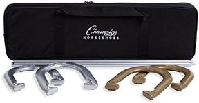 Champion Sports Tournament Horseshoe Set: Classic Outdoor Lawn Game includes Two Chrome & Two Brass Plated Professional Horseshoes with Solid Steel Stakes & Carrying Case