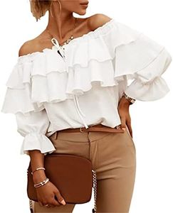 FeMereina Blusas de manga larga con volantes y hombros descubiertos para mujer, blusas casuales en capas, blusas casuales con volantes y lazo de gasa para verano, blanco, S