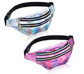 2 Pieces Fanny Pack for Women Kids, Shiny Holographic Rave Cute Waistbag, Waterproof Neon Crossbody Bag Waist Bags for Festival Party Travel Hiking Outdoor Activities (Silver, Pink,)