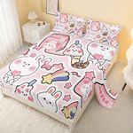 CVHouse Kawaii Bed Set Sheets Full Size,Kawaii Rabbit Bedding Sets for Girls Kids Teens,Cute Rabbit Fitted Sheet Sets,1 Flat Sheet & 1 Fitted Sheet with 2 Pillow Cases - 4 Pieces