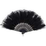 Mwoot Embroidered Flower Marabou Feather Fan, 1920s Vintage Style Folding Handheld Feather Fan, Flapper Hand Fan for Costume Halloween Dancing Wedding Party Prom Tea Party - Black