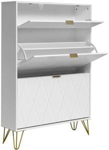 UEV Tilting Shoe Cabinet, Shoe Rack for 16 Pairs, 3 Compartments (2 Shoe Storage + 1 Hidden Shelf) (80 x 24 x 120 cm, White)