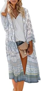 MayBuy Kimonos for Women Swimsuit Coverups Beach Cover Up Swimwear Long Flowy Chiffon Cardigan Summer Boho Open Front Cover Up Boho White S