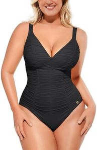 SHAPELLX Tummy Control Swimsuit for Women Ruched One Piece Swim, Black, L