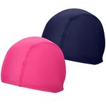 AKHTART 2 Pcs Elastic & Lightweight Swimming caps, Comfortable Fabric Swimming Hats for Women Men Kids and Adults, Unisex Nylon/Non-Slip Bathing Caps for Long Short Hair(Navy Blue+Rose Red)